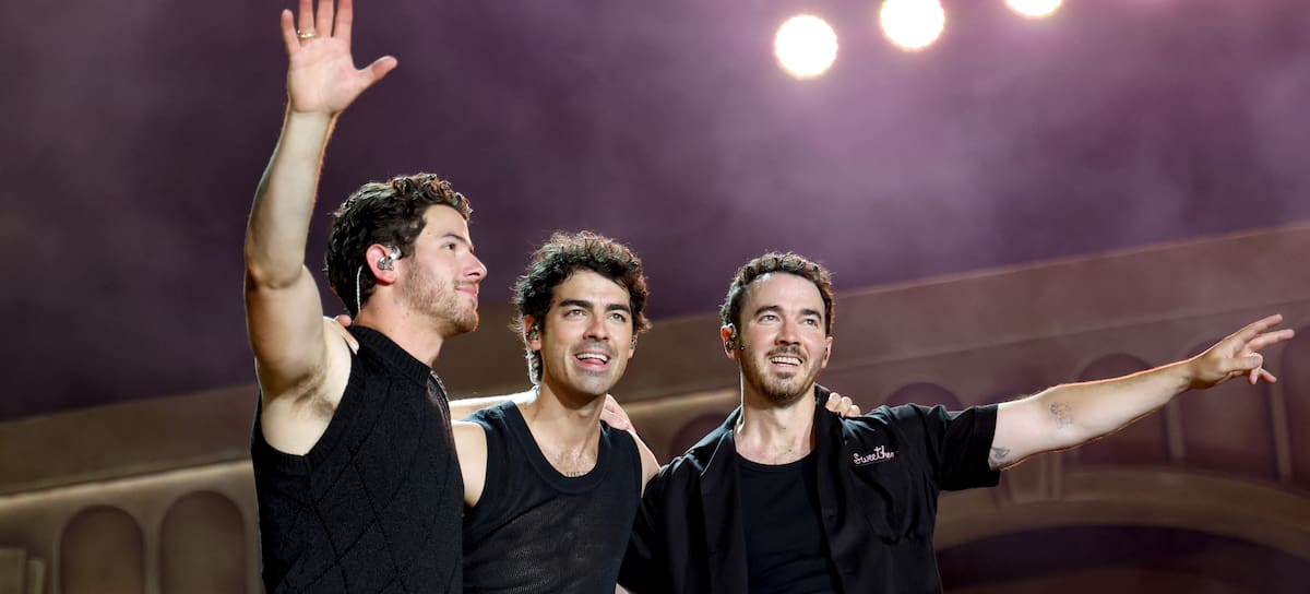 EAST RUTHERFORD, NEW JERSEY - AUGUST 10: (L-R) Nick Jonas, Joe Jonas, and Kevin Jonas perform onstage during the Jonas Brothers: JONAS20 Greetings From Your Hometown tour kick off at Met Life Stadium on August 10, 2025 in East Rutherford, New Jersey. (Photo by Kevin Mazur/Getty Images for Live Nation)