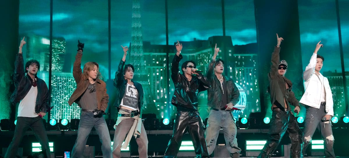 LAS VEGAS, NEVADA - SEPTEMBER 18: (L-R) Jin, Jimin, Suga, Jung Kook, V, j-hope and RM of BTS perform onstage during the 2026 iHeartRadio Music Festival at T-Mobile Arena on September 18, 2026 in Las Vegas, Nevada. (Photo by Jeff Kravitz/FilmMagic)