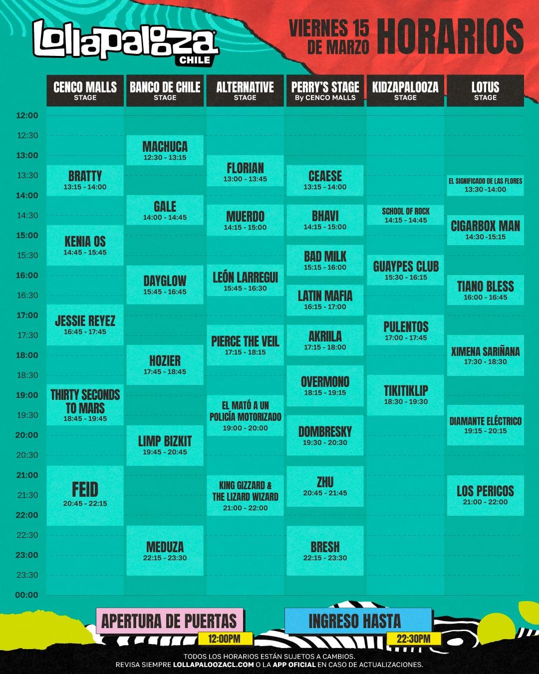 Horarios Lollapalooza Chile viernes 15 de marzo