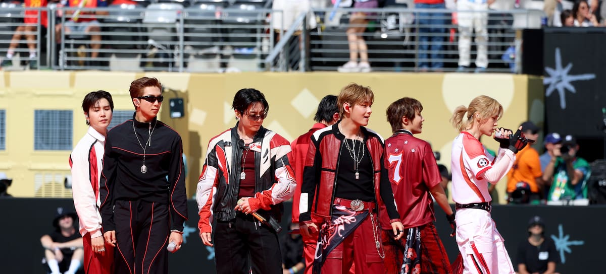 EAST RUTHERFORD, NEW JERSEY - JULY 19: (L-R) Suga, RM, Jungkook, Jin, V, J-Hope, and Jimin of BTS perform during FIFA World Cup 2026™ Topps Final Halftime Show at New York New Jersey Stadium on July 19, 2026 in East Rutherford, New Jersey. (Photo by Kevin Mazur/Getty Images for Global Citizen)