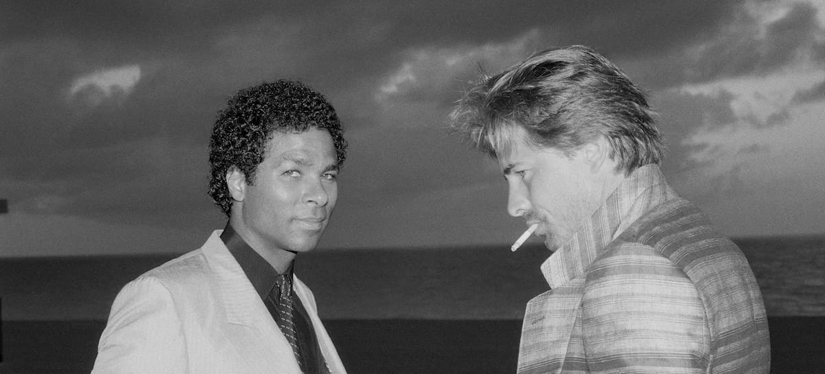 Miami Vice "Calderone's Return: Part 1 - The Hit List" Episode 4 -- Air Date 10/19/1984 -- Pictured: (l-r) Philip Michael Thomas as Detective Ricardo 'Rico' Tubbs and Don Johnson as Detective James 'Sonny' Crockett (Photo by NBCU Photo Bank/NBCUniversal via Getty Images)