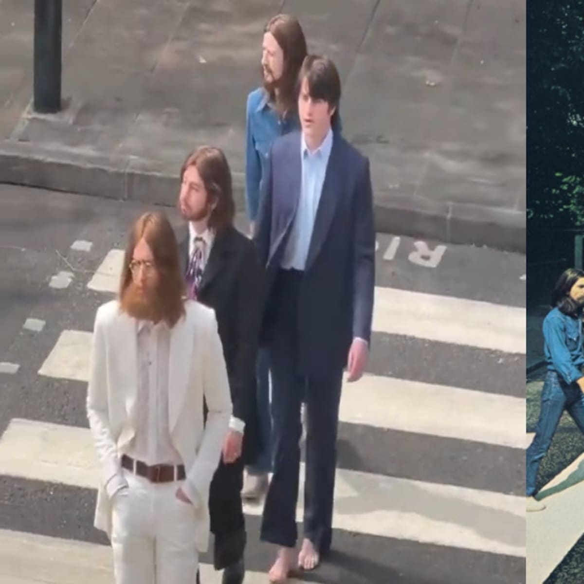 ¡Igualitos! Filtran imágenes del biopic de The Beatles recreando la icónica foto de "Abbey Road"