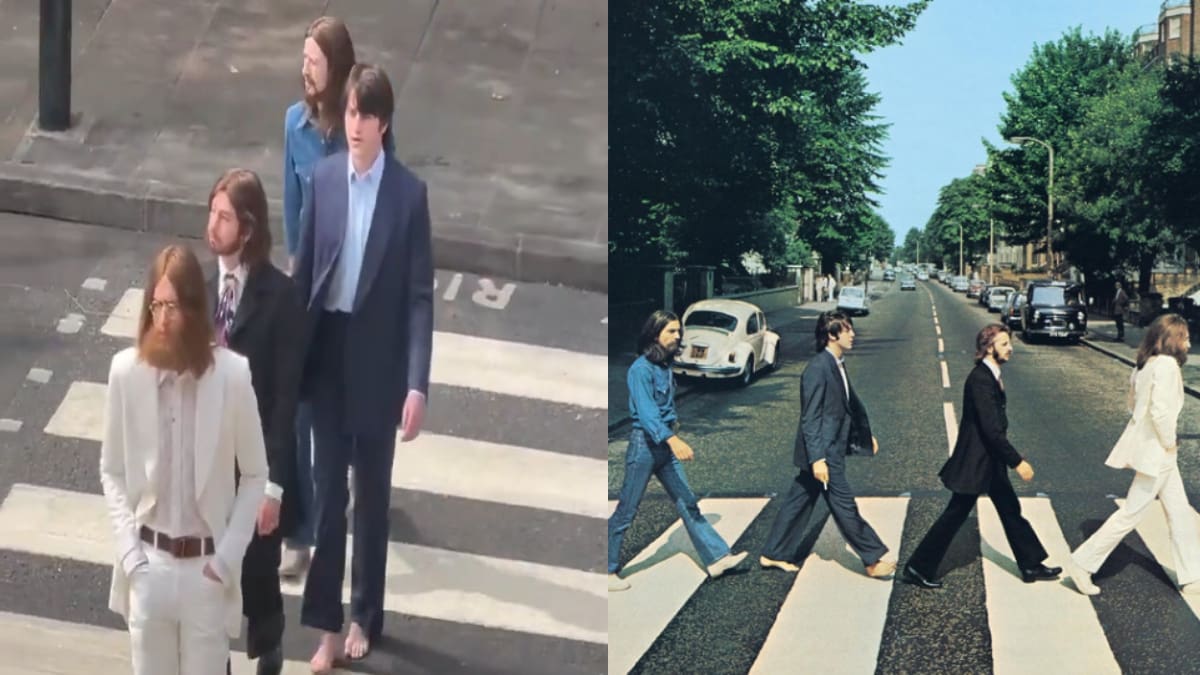 ¡Igualitos! Filtran imágenes del biopic de The Beatles recreando la icónica foto de "Abbey Road"