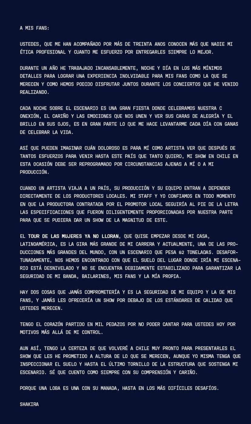 Shakira suspende shows en Chile