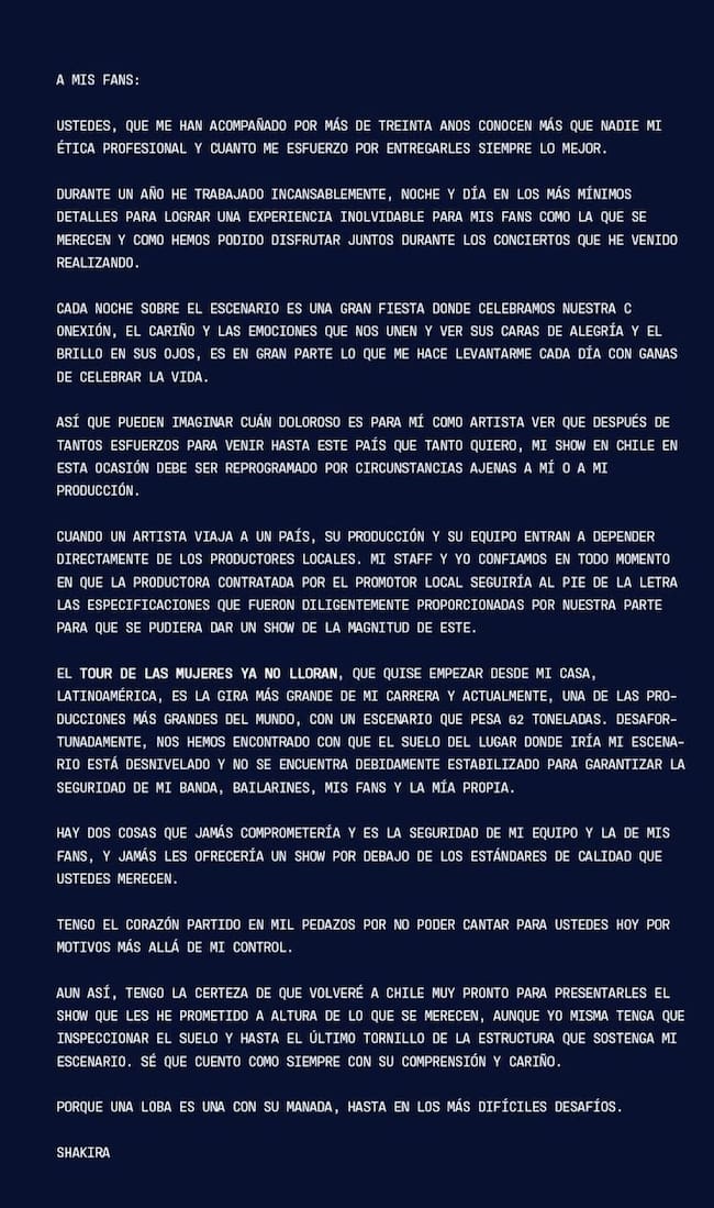 Shakira suspende shows en Chile