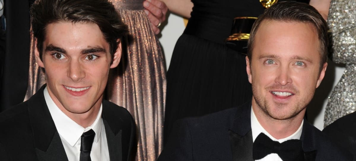 LOS ANGELES, CA - SEPTEMBER 22: Actors RJ Mitte and Aaron Paul pose in the press room during the 65th Annual Primetime Emmy Awards held at Nokia Theatre L.A. Live on September 22, 2013 in Los Angeles, California. (Photo by Steve Granitz/WireImage)