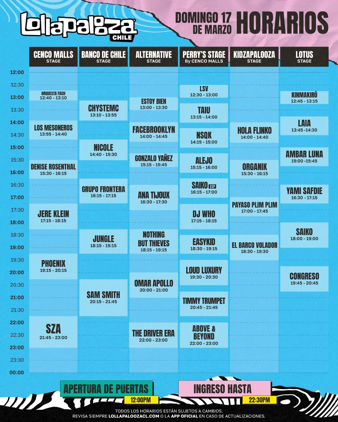 Horarios Lollapalooza Chile domingo 17 de marzo