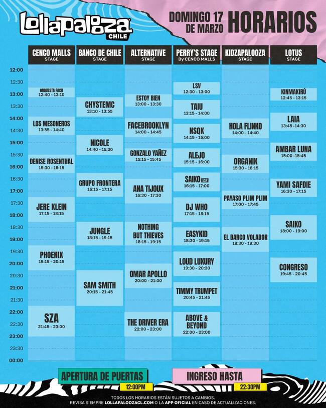 Horarios Lollapalooza Chile domingo 17 de marzo