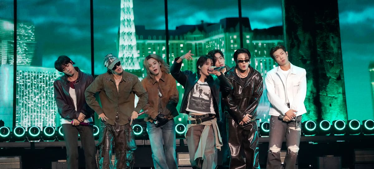 LAS VEGAS, NEVADA - SEPTEMBER 18: (L-R) (L-R) Jin, Jung Kook, Suga, Jimin, j-hope, V, and RM of BTS perform onstage during the 2026 iHeartRadio Music Festival at T-Mobile Arena on September 18, 2026 in Las Vegas, Nevada. (Photo by Jeff Kravitz/FilmMagic)