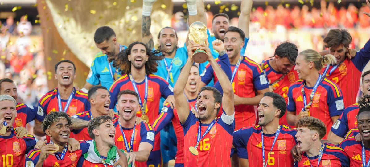 EAST RUTHERFORD, NEW JERSEY - JULY 19: The Spanish team celebrate winning the World Cup during the FIFA World Cup 2026 Final match between Winner Spain and Argentina at New York New Jersey Stadium on July 19, 2026 in East Rutherford, New Jersey. (Photo by John Todd/ISI Photos/ISI Photos via Getty Images)