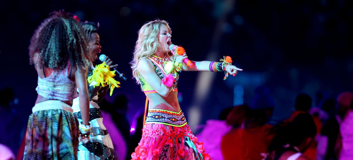 JOHANNESBURG, SOUTH AFRICA - JULY 11: Singer Shakira performs "Waka Waka (This Time for Africa)" with South African band Freshlyground during the Closing Cermony ahead of the 2010 FIFA World Cup South Africa Final match between Netherlands and Spain at Soccer City Stadium on July 11, 2010 in Johannesburg, South Africa. (Photo by Clive Rose/Getty Images)