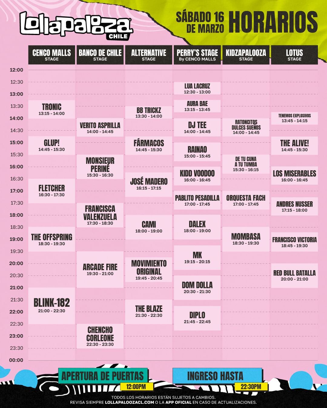 Horarios Lollapalooza Chile sábado 16 de marzo