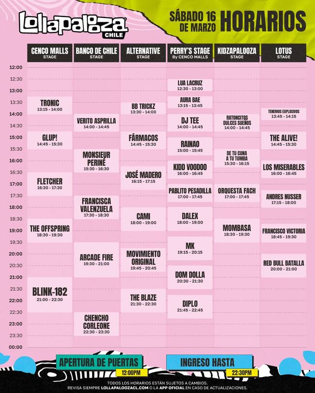 Horarios Lollapalooza Chile sábado 16 de marzo