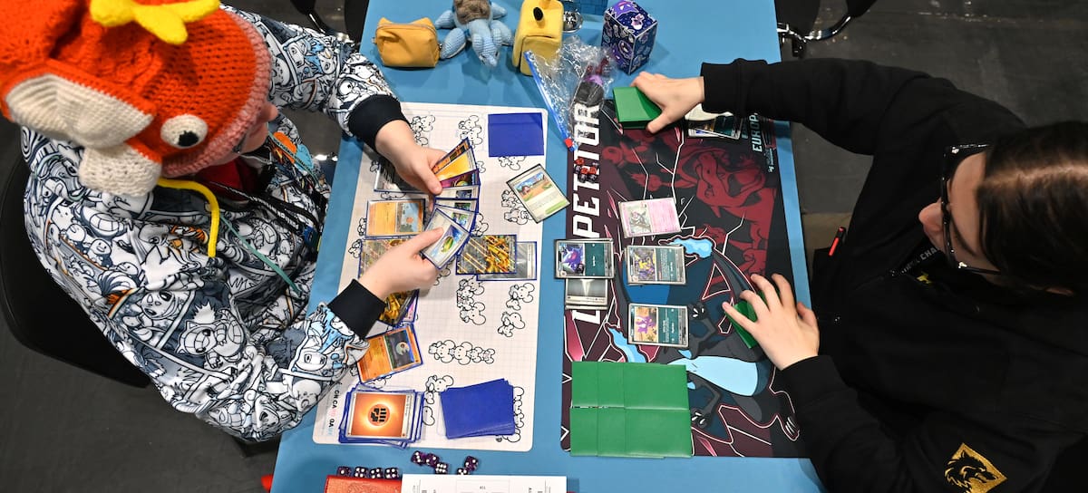 LONDON, ENGLAND - FEBRUARY 13: Competitors play the Pokémon Trading Card Game during the Pokemon Europe International Championships at ExCel London on February 13, 2026 in London, England. The Europe International Championships are the second International Championships event of the 2026 Championship Series season. The event features competitions for the Pokémon Scarlet and Pokémon Violet video games, the Pokémon Trading Card Game, Pokémon GO, and Pokémon UNITE. (Photo by John Keeble/Getty Images)