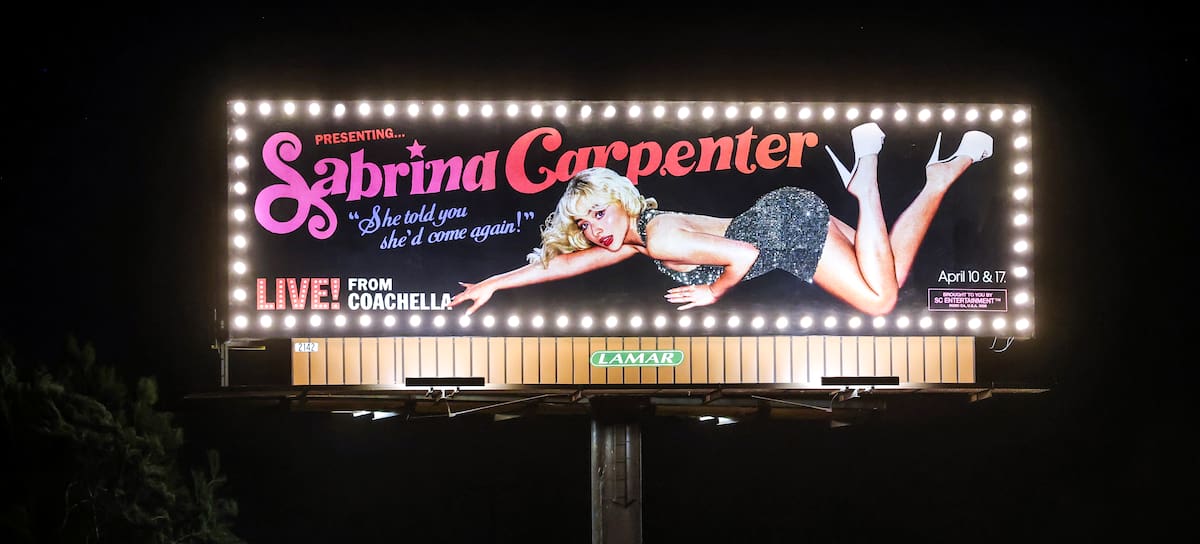 INDIO, CALIFORNIA - APRIL 09: A general view of Sabrina Carpenter's Coachella Music Festival billboard on April 09, 2026 in Indio, California. (Photo by Kevin Mazur/Getty Images)