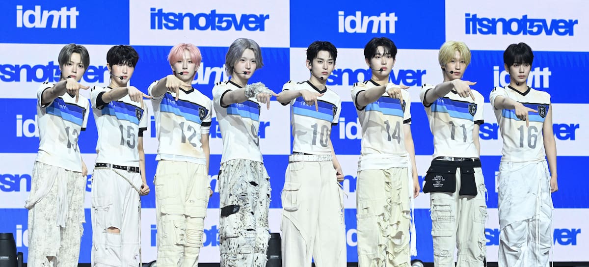 SEOUL, SOUTH KOREA - JULY 13: (L-R) Kim Sung-jun of idntt, Choi Kyung-bin of idntt, Park Nu-ri of idntt, Lee Chung-myung of idntt, Towa of idntt, Han Ye-jun of idntt, Lee Gyu-hyuk of idntt and Hwang Eun-su of idntt attend idntt Showcase for 'itsnotover' at Blue Square Woori WON Banking Hall in Yongsan-gu on July 13, 2026 in Seoul, South Korea (Photo by TheFact/Imazins via Getty Images)
