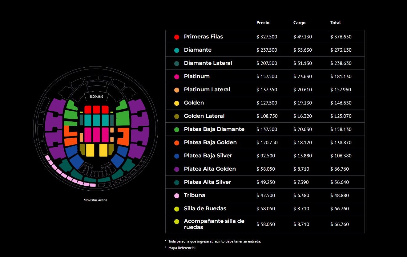 Precios de las entradas para Luis Miguel en Chile (Captura Punto Ticket)