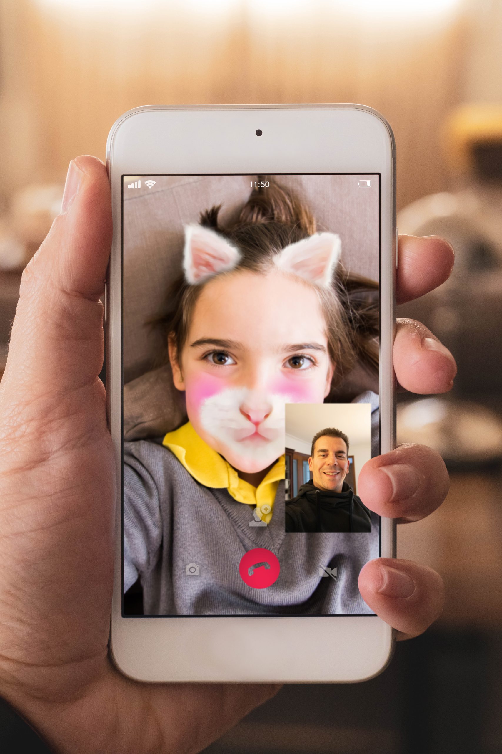 Doing Video Call From Personal Perspective With Niece And Funny Kitten Filter Face.