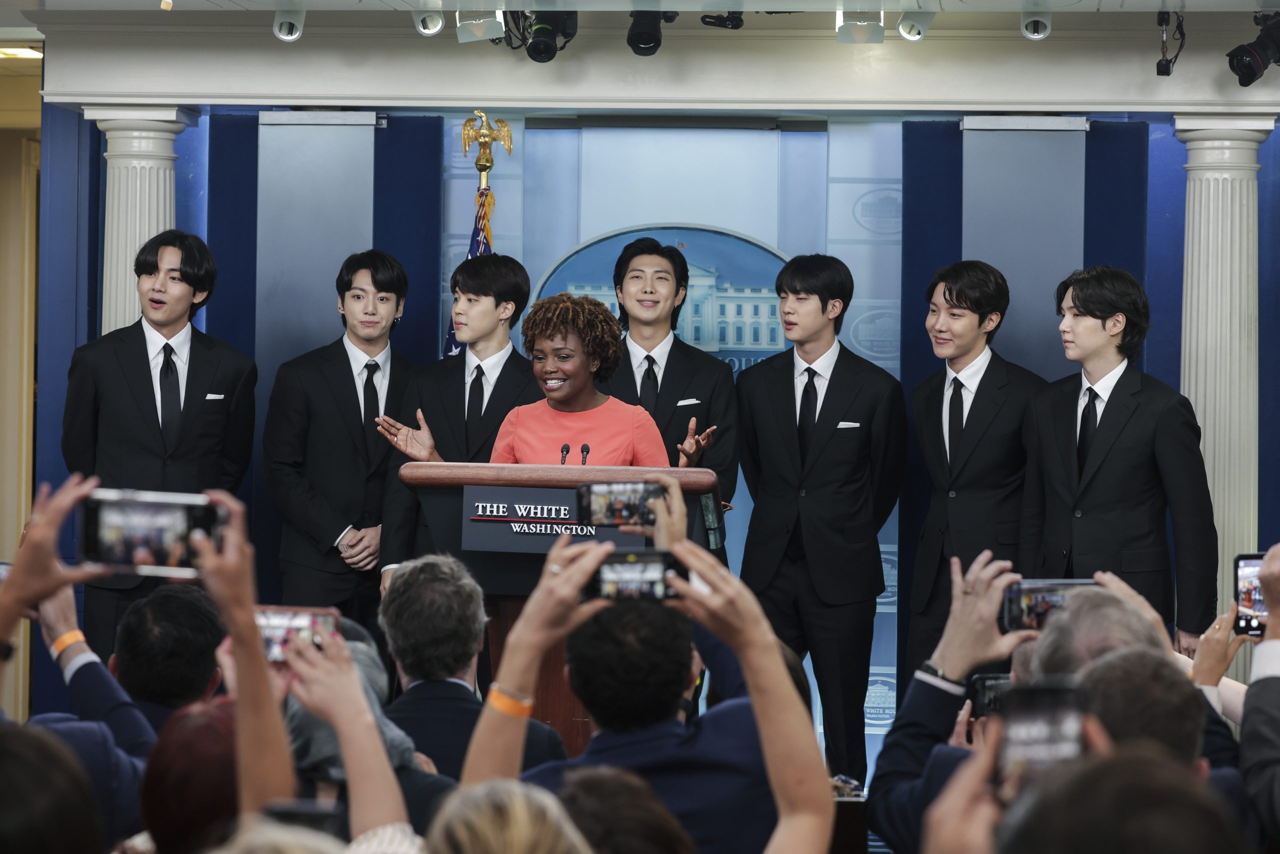 K Pop Group BTS Joins White House Press Secretary Jean Pierre At Daily Briefing